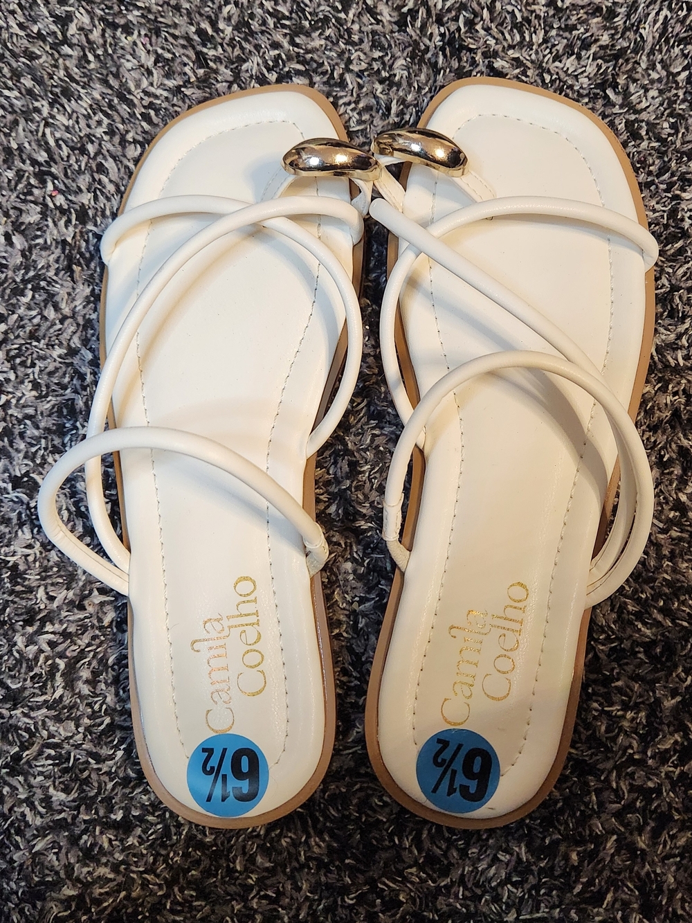 Camila Coelho White Strappy Slide Sandals with Silver Toe-Ring